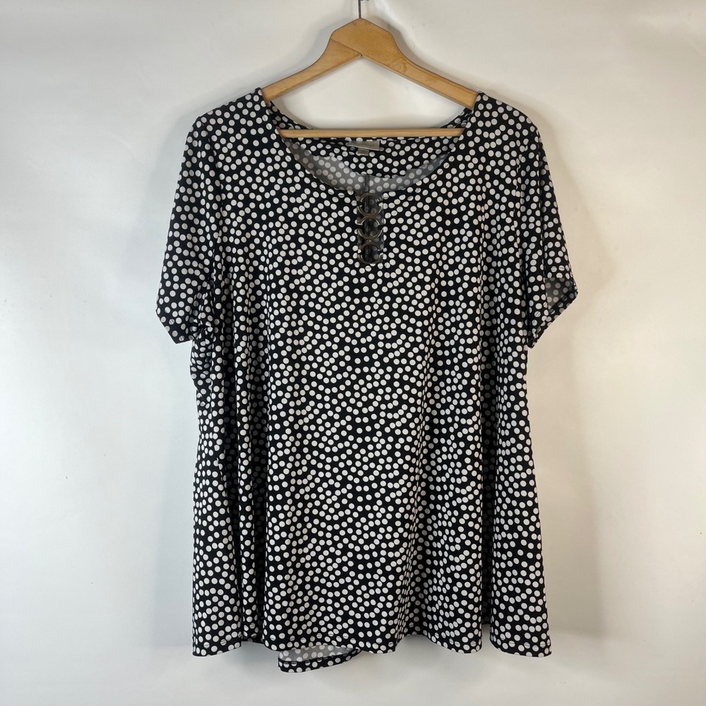 Avenue Polka Dot Top Women 22/24 Black White Ring Detail Short Sleeve Blouse